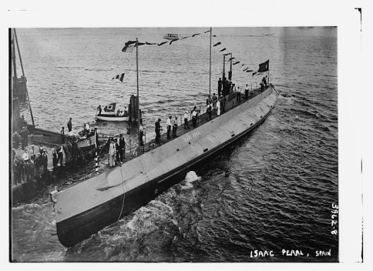 Submarino Isaac Peral A-0 en el momento de su botadura (22 de Julio de 1916). Fuente: Library of Congress